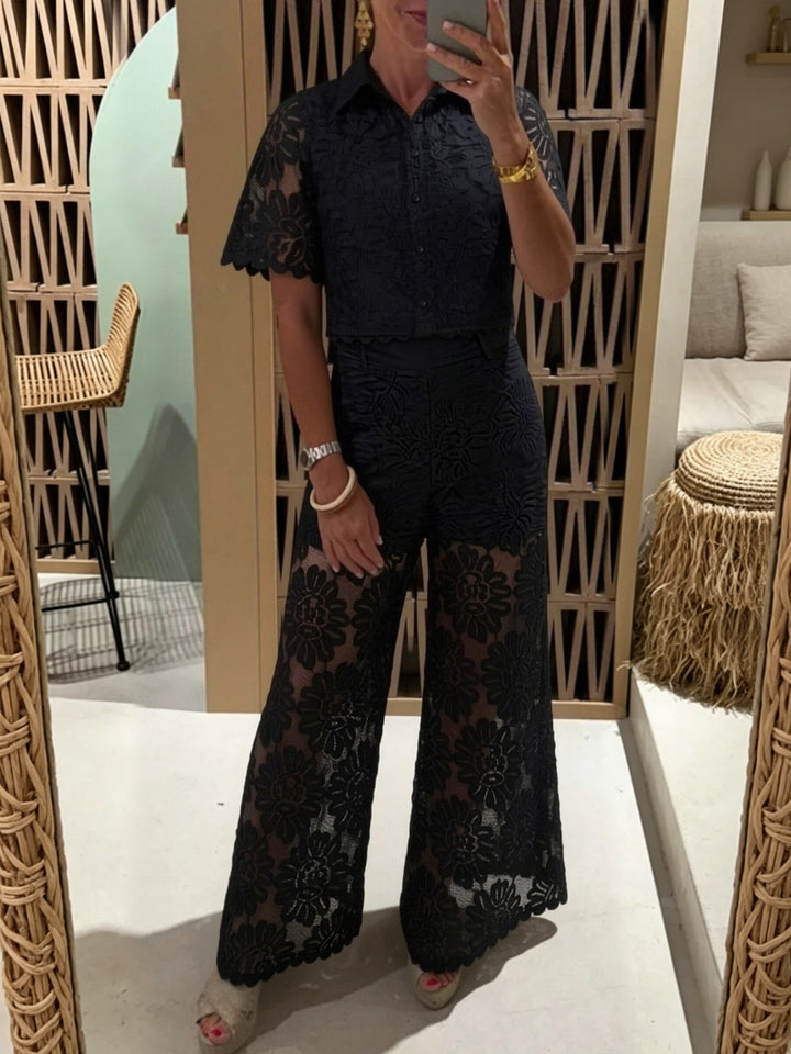 Damen nan elegante Spitzenkombination mit kurzärmeliger Hemdbluse, Muschelsaum und taillierter Palazzohose mit Bindegürtel Drune