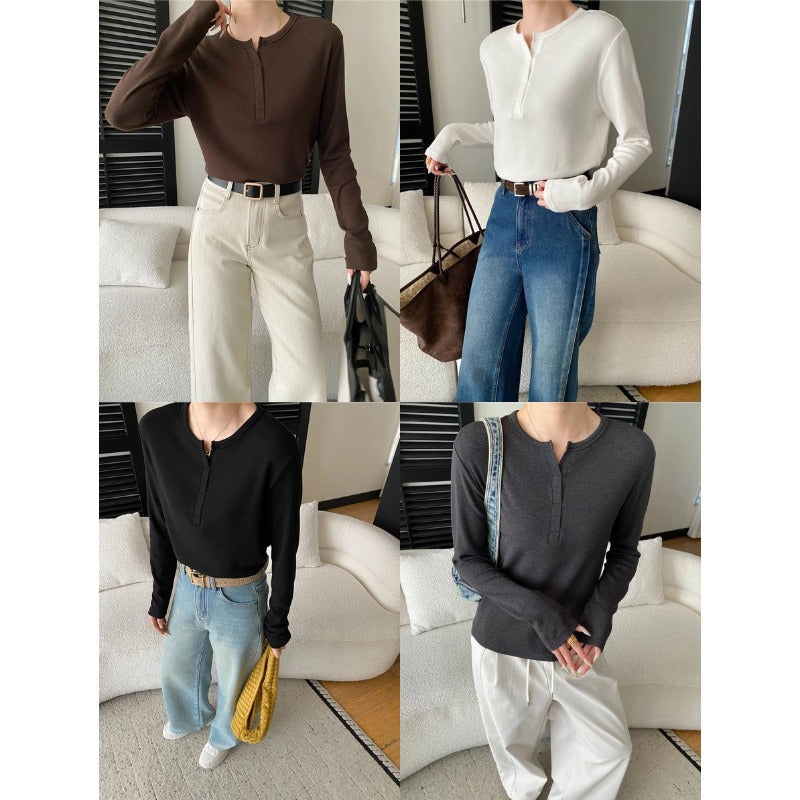 Damen langärmliges Henley-Oberteil mit elegantem V-Ausschnitt und feiner Rippstruktur Drune