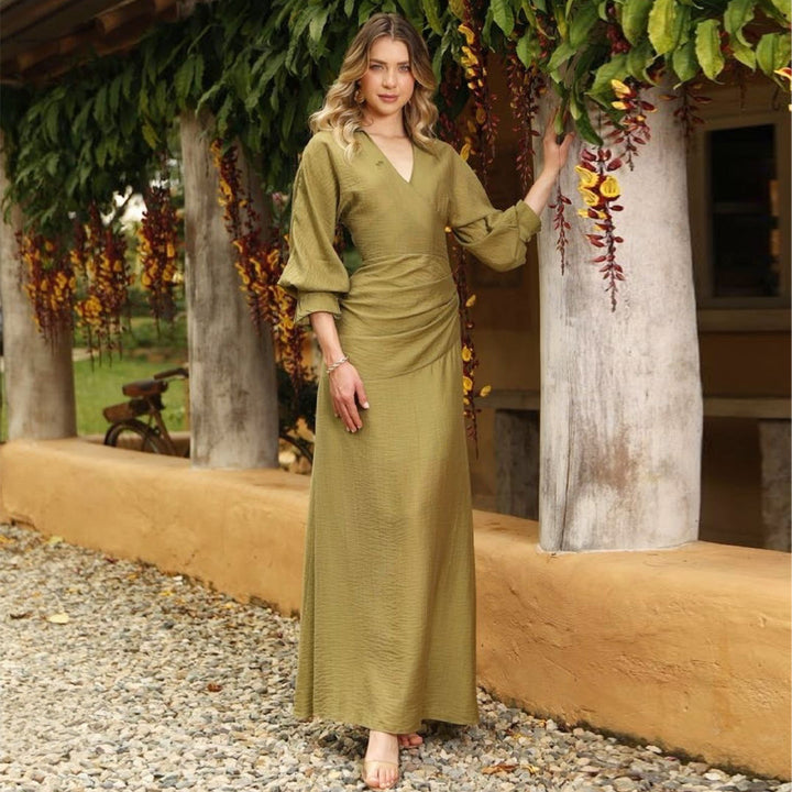 Damen Maxikleid mit gekräuseltem Wrap-Design und voluminösen Ärmeln Drune