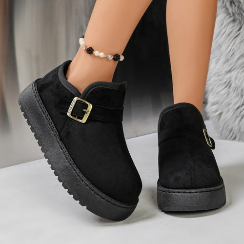 Damen Gefütterte Kurzschaft-Stiefel in Wildleder-Optik mit Plateau und Schnallenriemen Drune