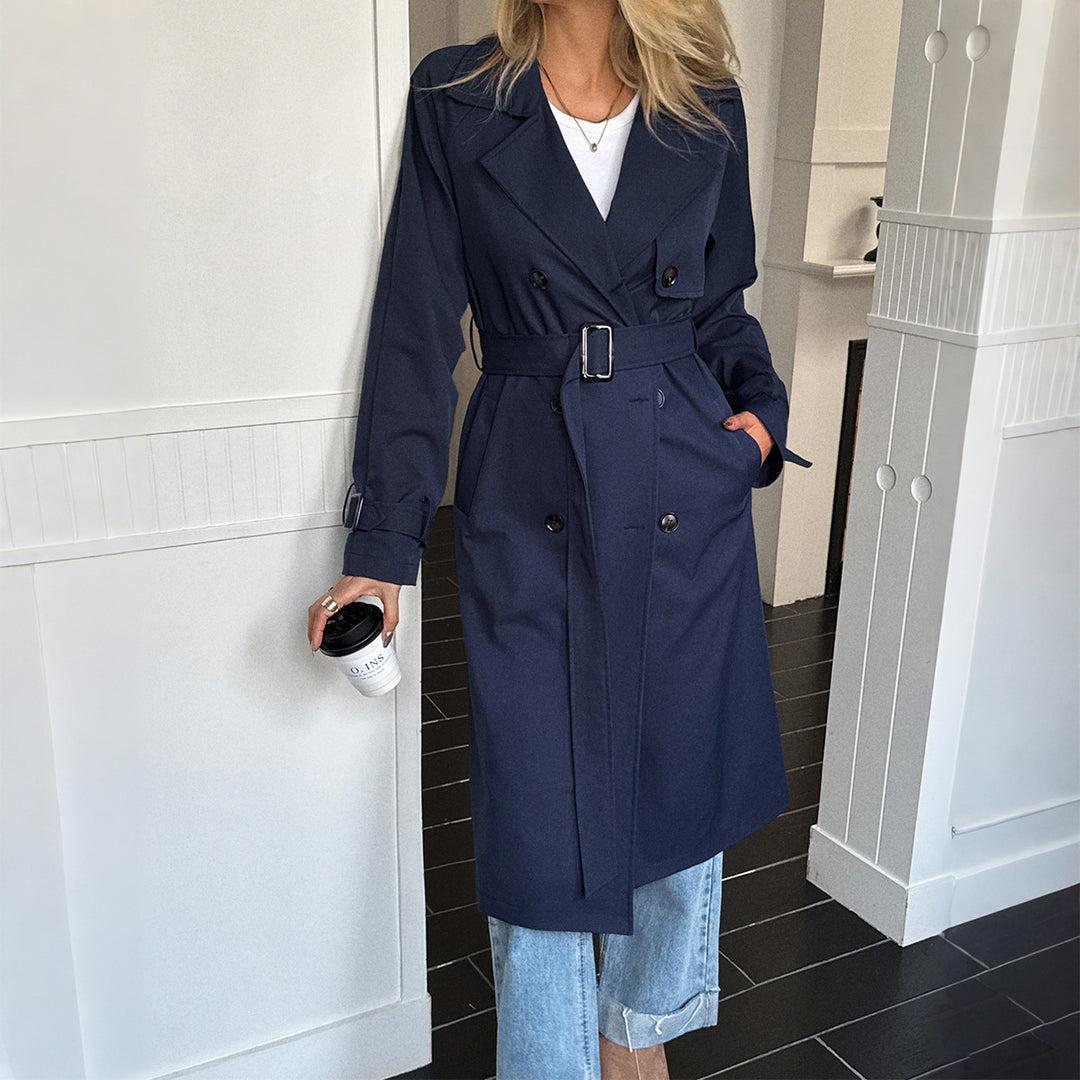 Damen nan klassischer Trenchcoat mit Doppelreihe, Taillengürtel, verstellbaren Manschetten und geraden Knopfleiste Drune