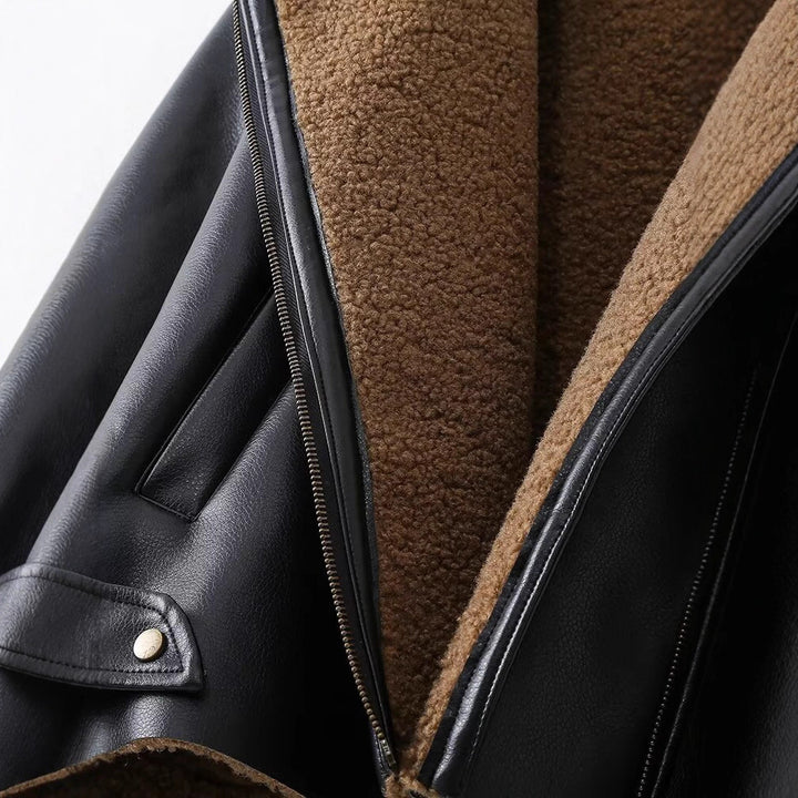 Damen Kurz geschnittene Aviator-Jacke in Lederoptik mit asymmetrischem Reißverschluss und Teddyfutter Drune