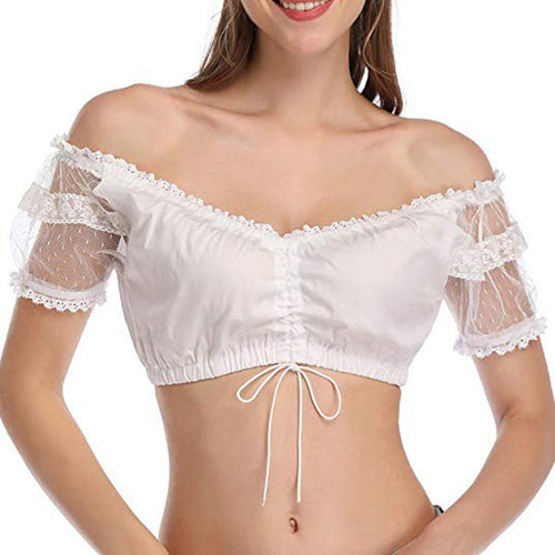 Damen  kurze Carmenbluse mit Spitzenärmeln und gerafftem Tunnelzug Drune