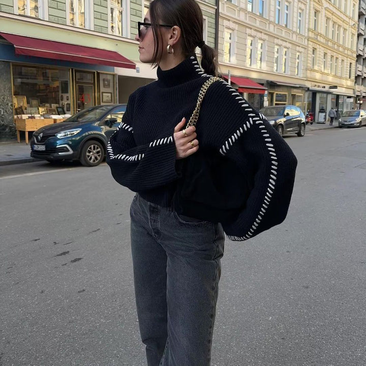 Damen Modischer Strickpullover mit hohen Ärmeln und dekorativem Kontraststich Drune