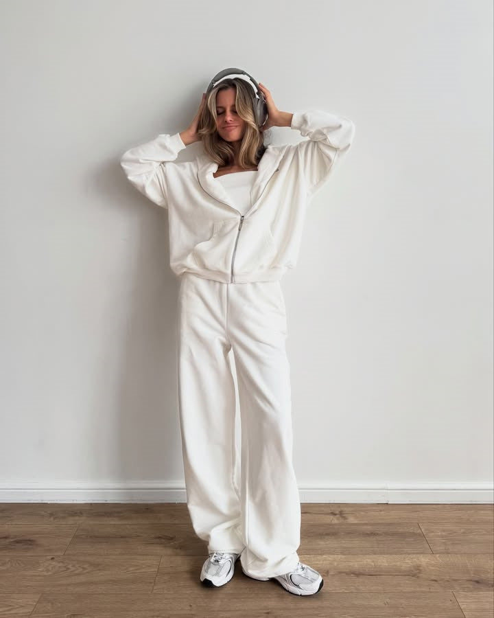 Damen Baumwoll-Fleece Lounge-Set mit Oversize-Zip-Hoodie und Palazzo-Sweatpants Drune