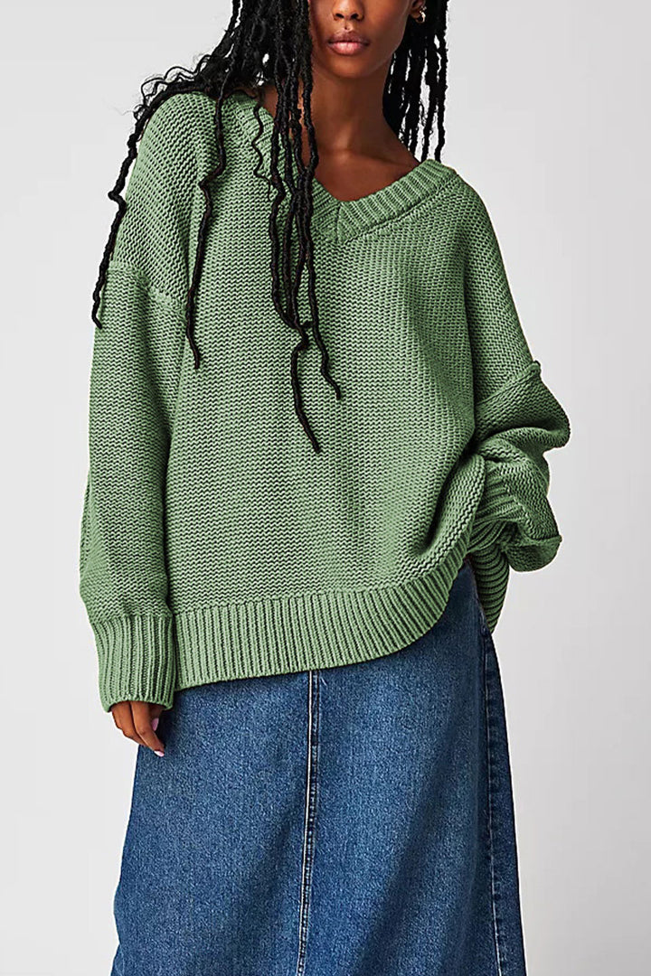 Damen V-Ausschnitt Oversized Pullover mit strukturiertem Strickmuster Drune