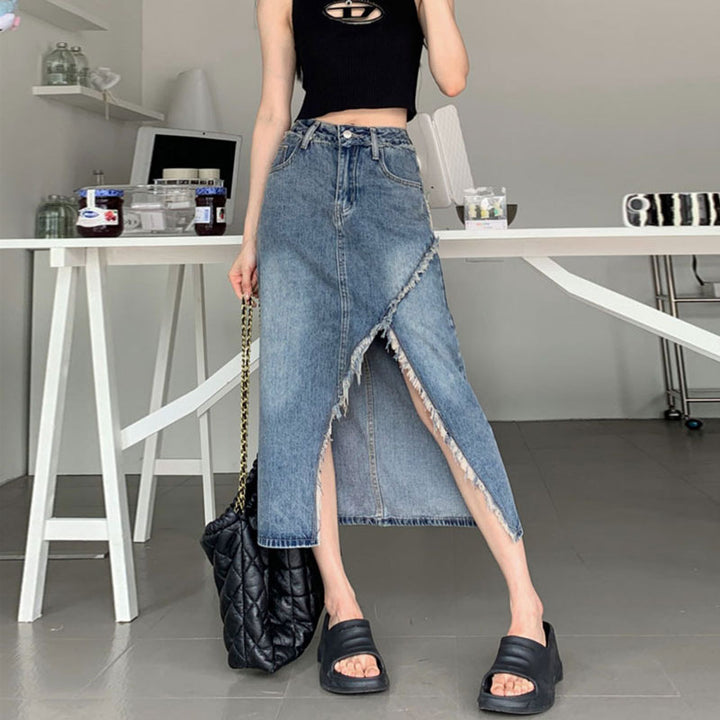 Damen Denim-Midi-Rock mit asymmetrischem Saum Drune