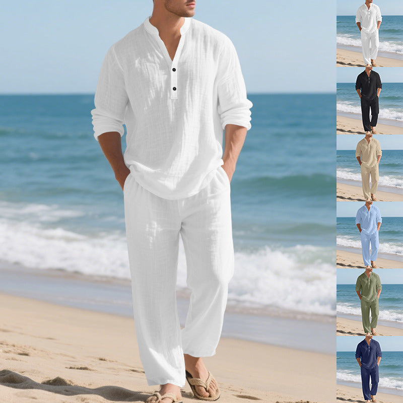 Herren komfortables Homewear-Set mit eleganter Knopfleiste und langen Hosen Drune