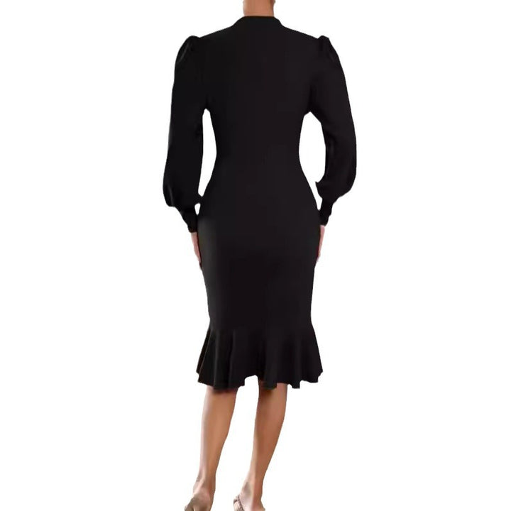 Damen nan tailliertes Pencil-Midikleid mit Stehkragen, ballonärmeln und Glockenvolant Drune