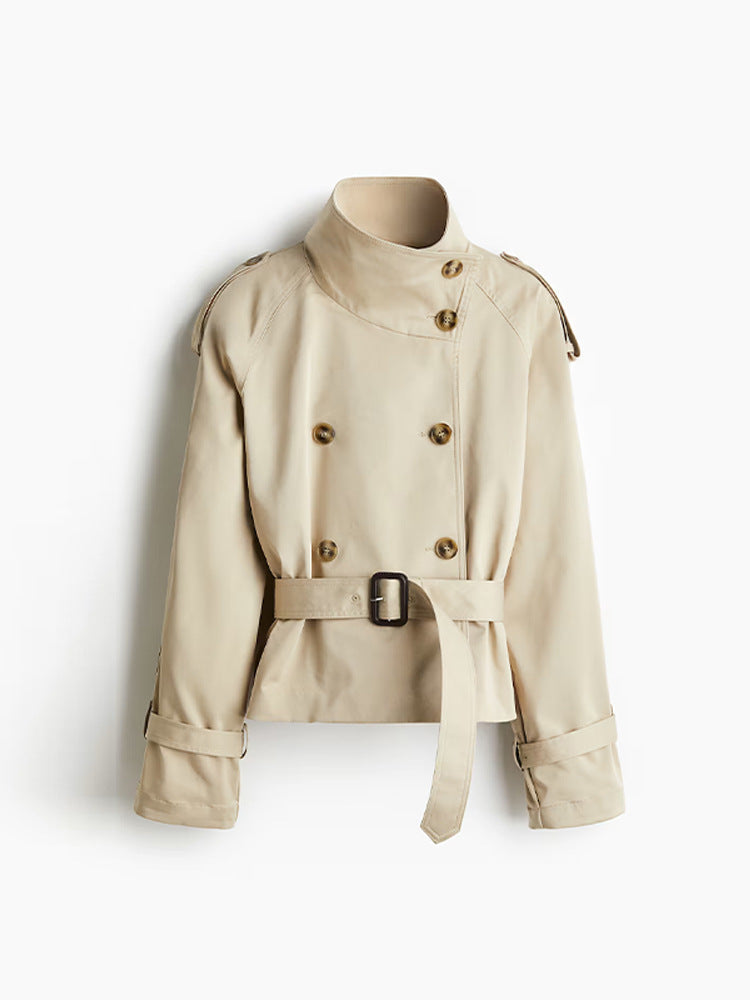 Damen trendige Kurzjacke im modernen Trenchcoat-Stil mit breitem Kragen und Taillengürtel Drune