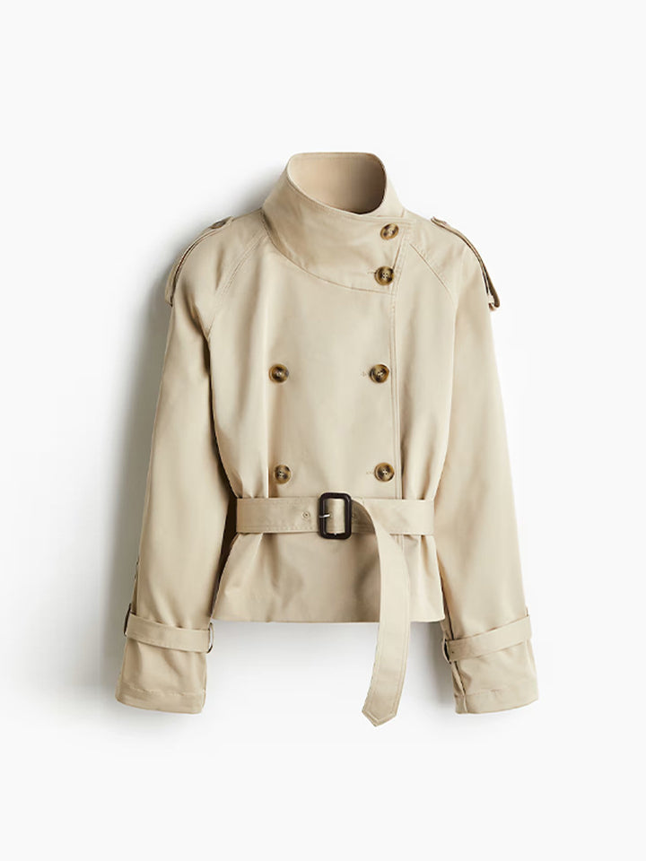 Damen trendige Kurzjacke im modernen Trenchcoat-Stil mit breitem Kragen und Taillengürtel Drune