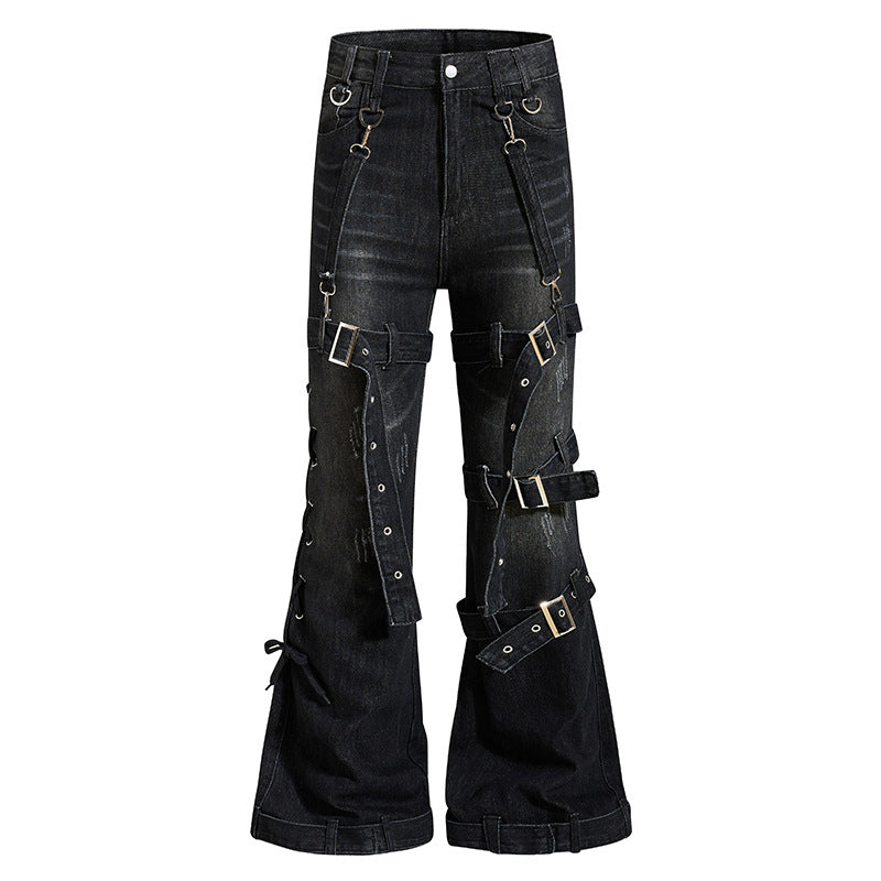 Damen Bondage-Flared-Jeans mit dekorativen Schnallen, Riemen und Used-Look Drune