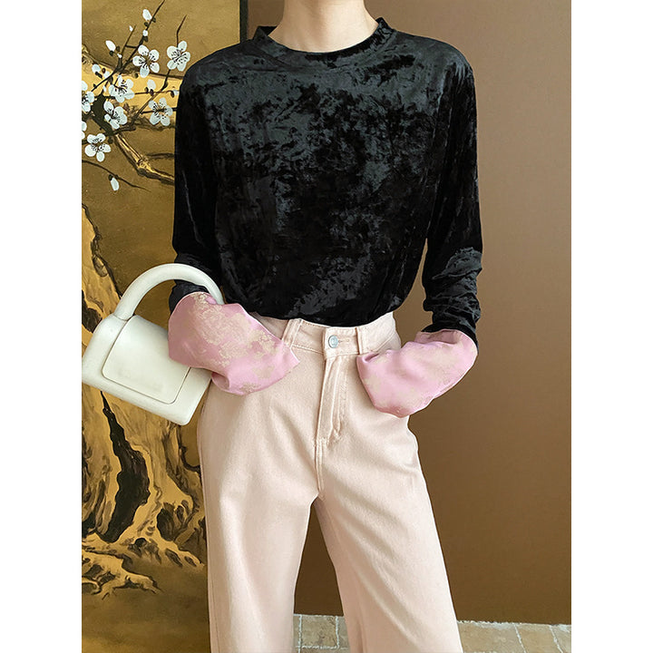 Damen Samtoberteil mit langem Arm und elegantem Rundhalsausschnitt Drune