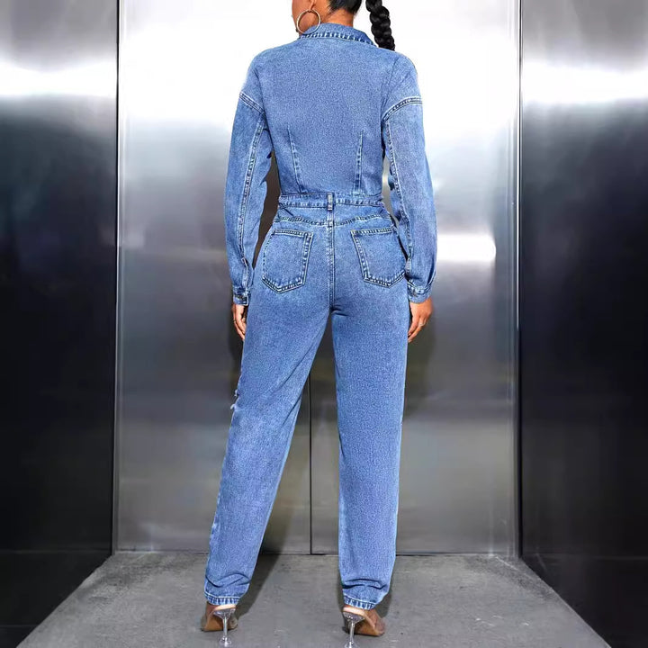 Damen Jeansoverall mit tailliertem Schnitt und modischen Destroyed-Details Drune