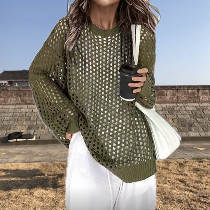 Damen luftiger Strickpullover mit Lochmuster und weitem Schnitt Drune