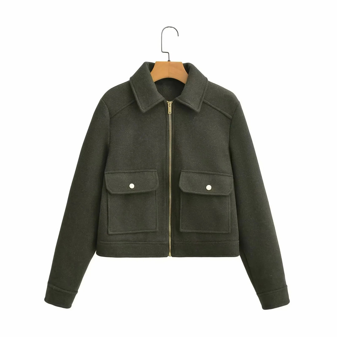 Damen nan boxy Wollblend Shacket mit verdecktem Metallreißverschluss, Hemdkragen und aufgesetzten Pattentaschen Drune
