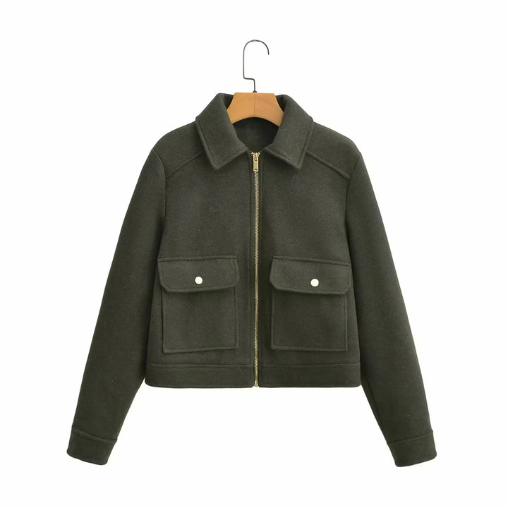 Damen nan boxy Wollblend Shacket mit verdecktem Metallreißverschluss, Hemdkragen und aufgesetzten Pattentaschen Drune
