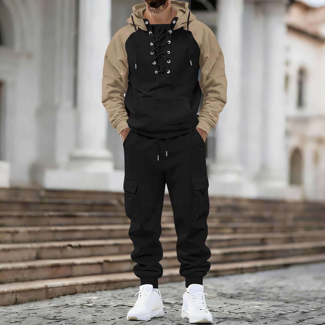 Herren Kapuzen-Sweatshirt mit vorn geschnürter Blende, Raglanärmeln und Kängurutasche Drune