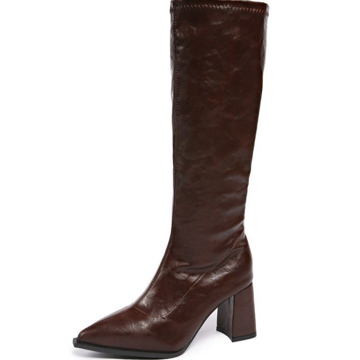 Damen hochmodische Stiefel mit blockiertem Absatz und spitzem Zehenbereich Drune