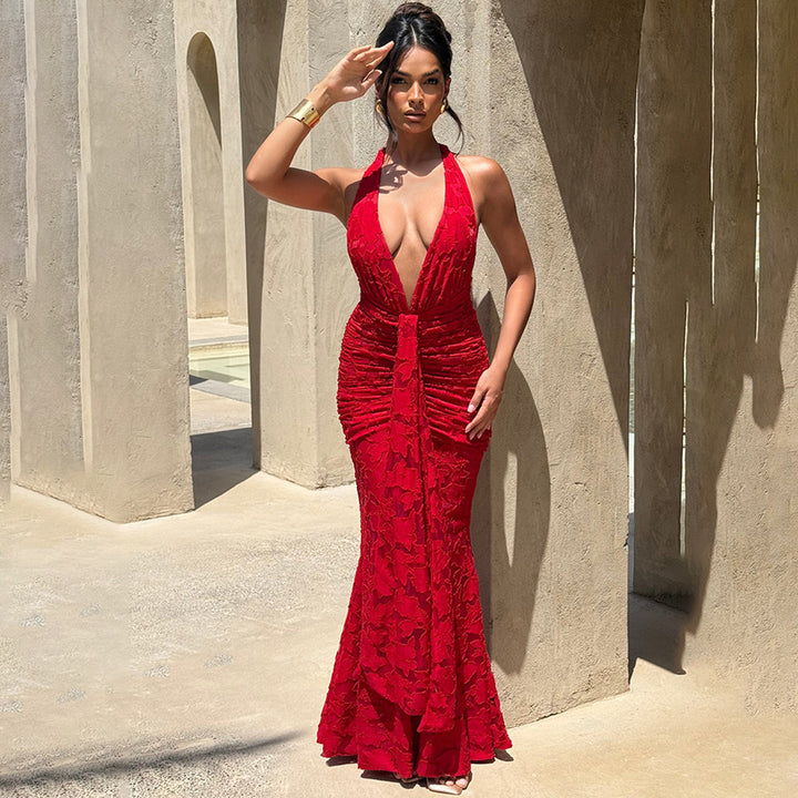 Damen Elegantes Maxikleid mit tiefem V-Ausschnitt und strukturierter Raffung Drune