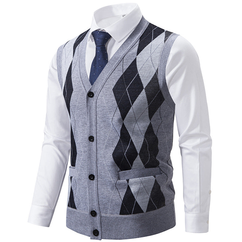 Herren elegante Strickweste mit klassischem Rautenmuster und praktischen Taschen Drune