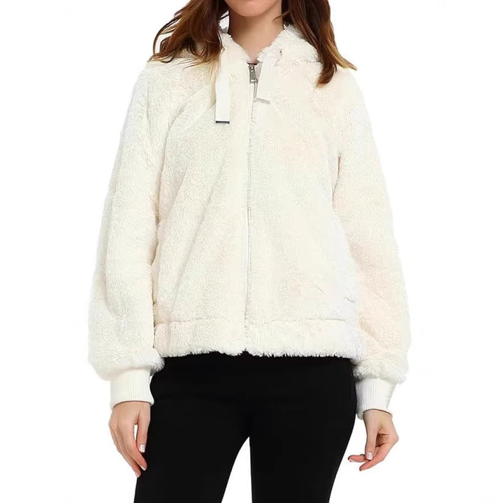 Damen Kapuzen‑Teddyjacke aus weichem Faux‑Fur mit Reißverschluss und Rippbündchen Drune