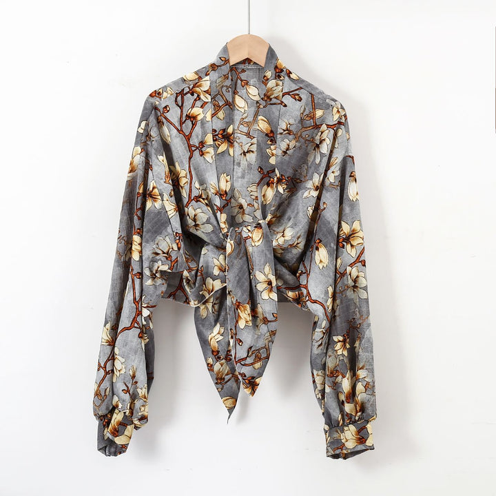 Damen nan florale Knoten-Bluse im Wickelstil mit Ballonärmeln und leichter Leinenoptik Drune