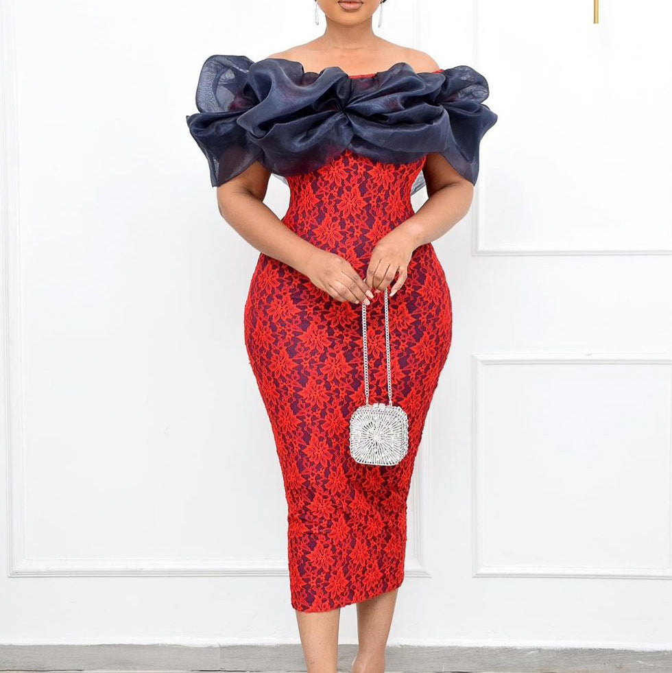 Damen Cocktailkleid mit luxuriösen Puffärmeln und floralen Applikationen Drune