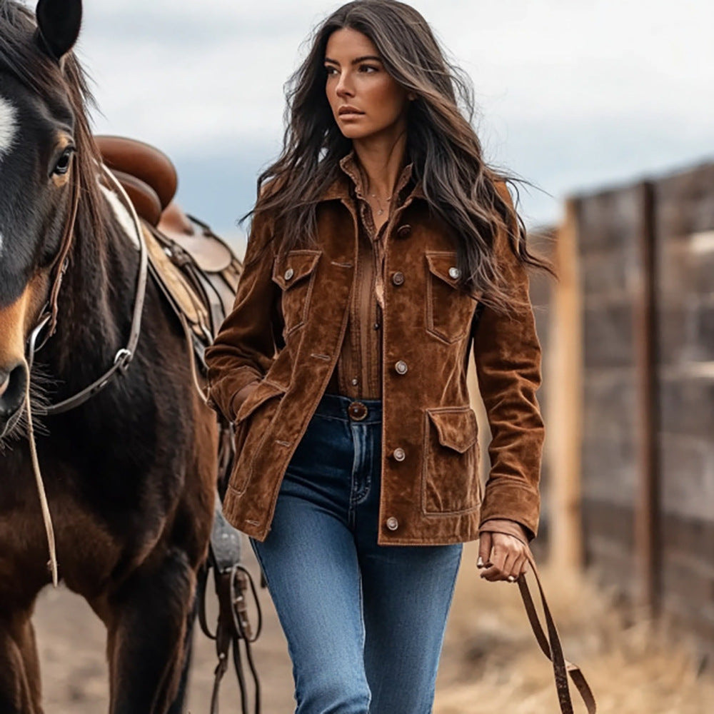 Damen Kurzjacke im Ranch‑Worker‑Look aus Wildlederoptik mit Pattentaschen und sichtbarer Knopfleiste Drune