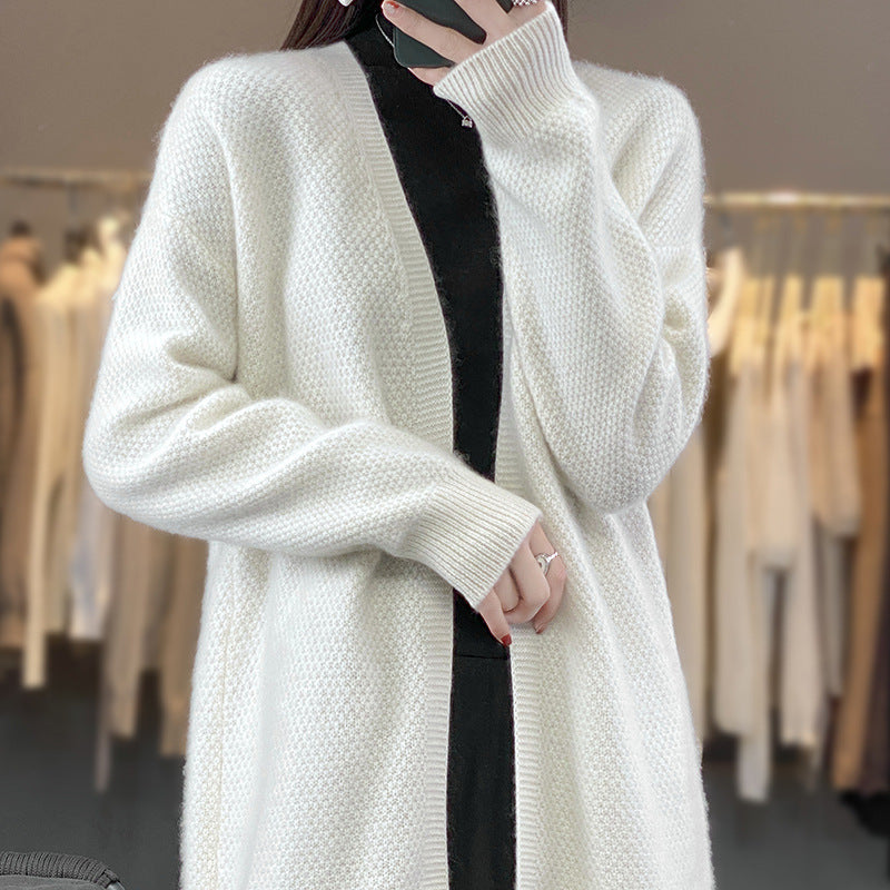 Damen Langer Offener Strickcardigan mit Samenmuster und gerippten Abschlüssen Drune