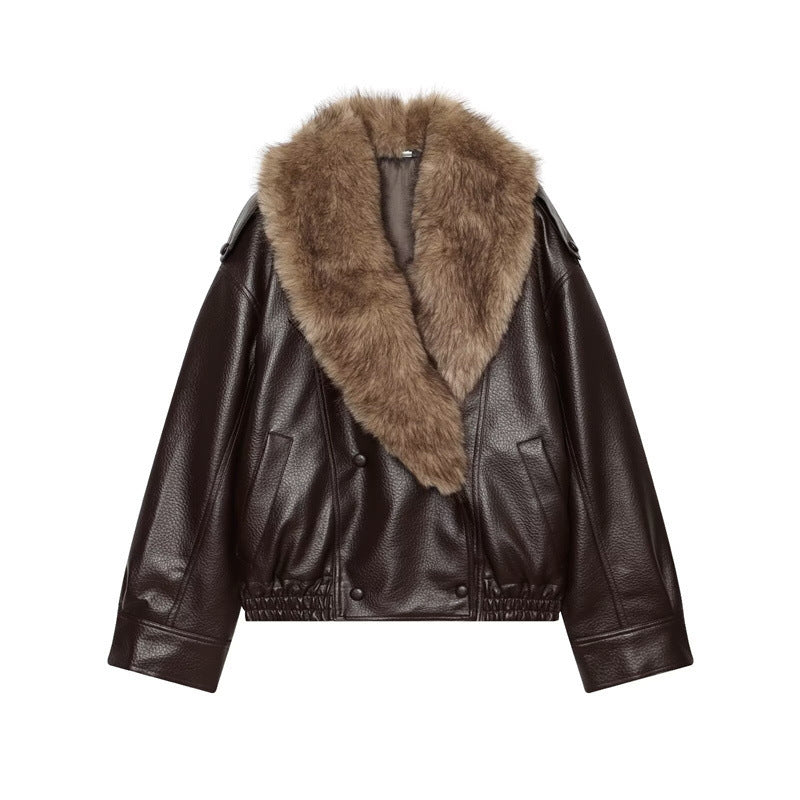 Damen Kurz geschnittene Lederjacke mit vollem Pelzkragen und elastischem Saum Drune