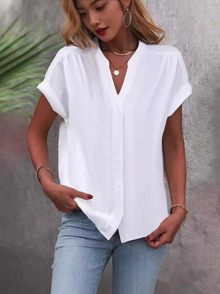Damen Kurzarm Button-Up Faltenbluse Drune