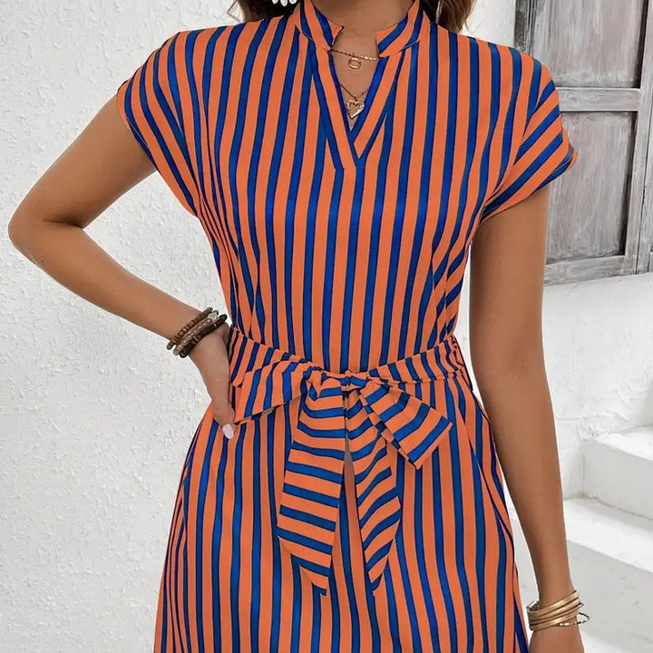 Damen Kurzarmkleid mit Gürtel und Streifenmuster Drune