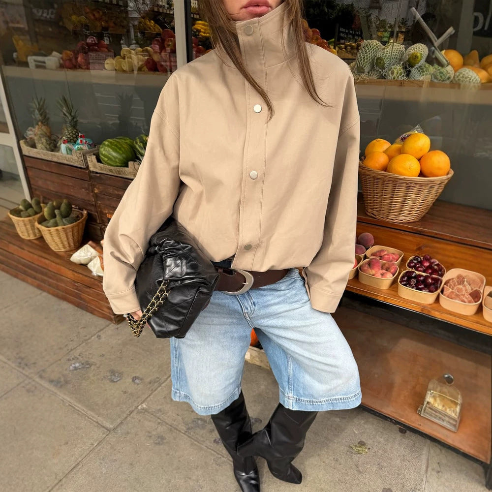 Damen Kurze kastige Canvasjacke mit hohem Stehkragen und Druckknopfleiste Drune