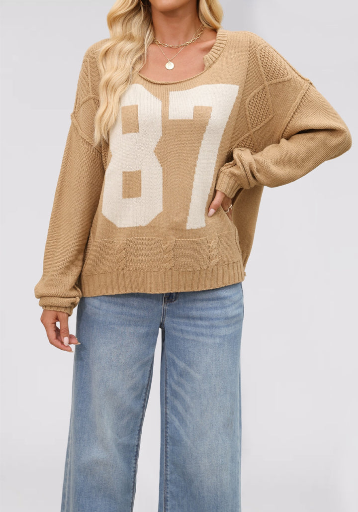 Damen Freizeit Strickpullover mit sportlicher Nummernstickerei Drune