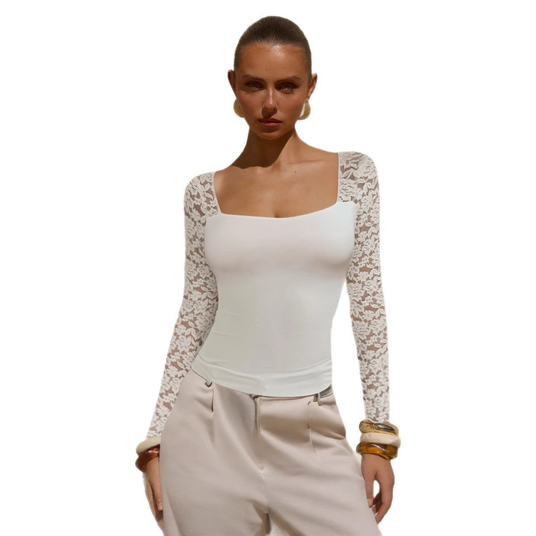 Damen Spitzenoberteil mit langem Arm und figurbetontem Schnitt Drune