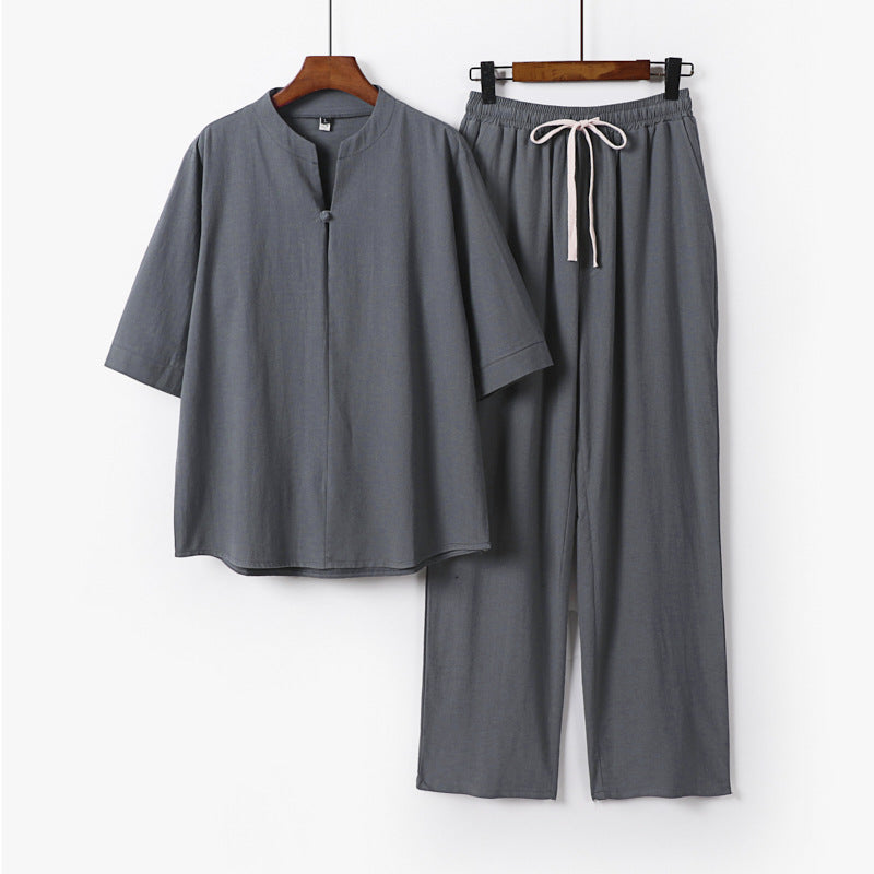 Unisex Lockeres Lounge-Set mit Stehkragen-Halbarmshirt und Elastischer Bundhose Drune