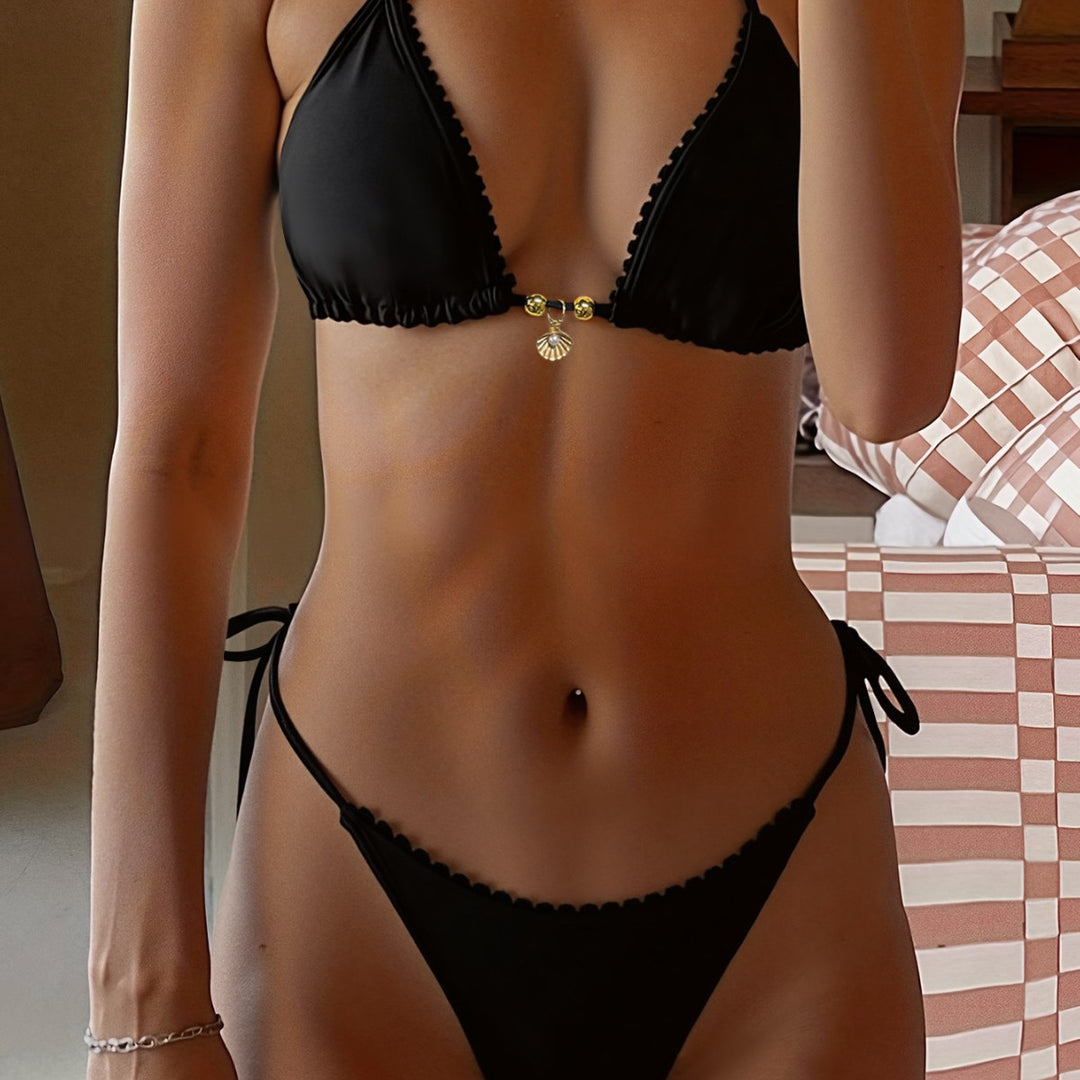 Damen Triangel-Bikini mit dekorativen Trägern und goldenen Akzenten Drune