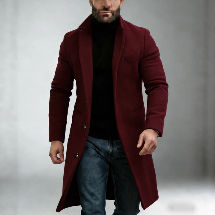 Herren Eleganter einreihiger Langmantel aus Wollmix mit schmaler Silhouette und Reverskragen Drune