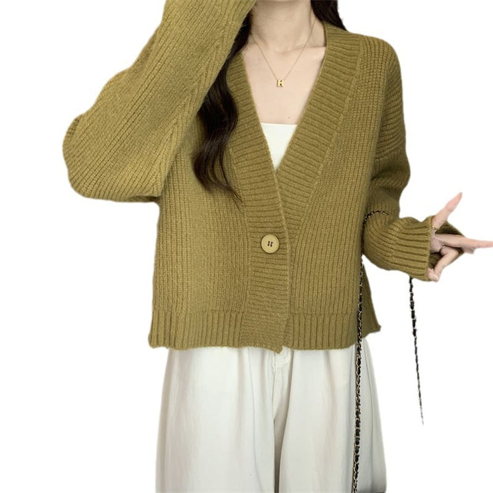Damen trendige Strickjacke mit tiefem V-Ausschnitt und Knopfverschluss Drune