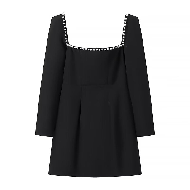 Damen Figurbetontes A‑Linien‑Minikleid mit quadratischem Ausschnitt, langen Ärmeln und Perlenbesatz Drune