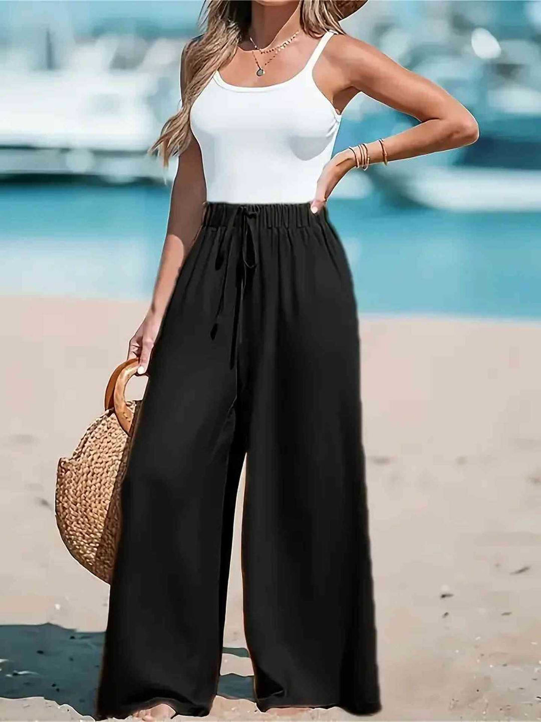 Damen High-Waist Elastischer Bund Weite Beinform Palazzo Strandhose Drune