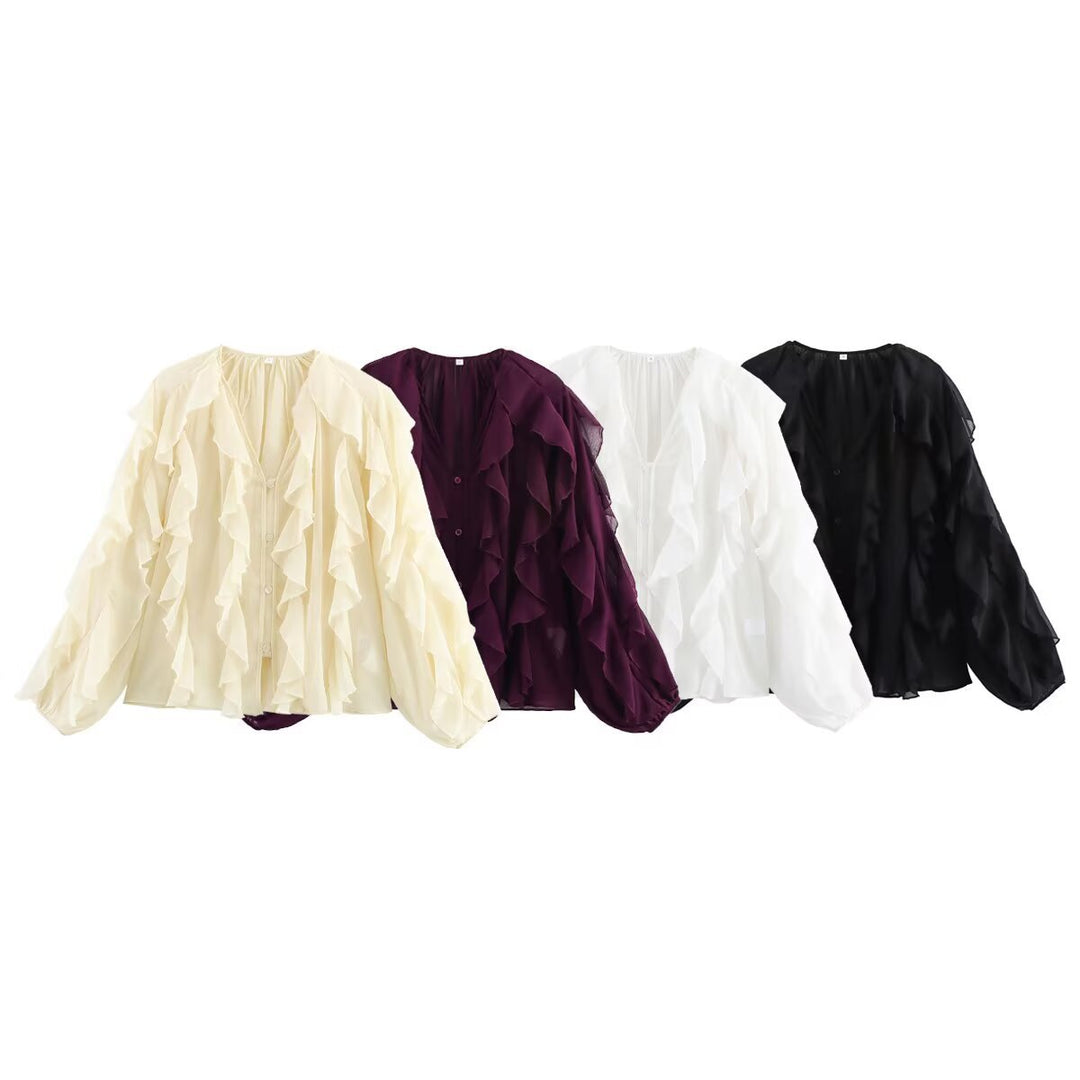Damen Chiffon-Bluse mit Volants und Ballonärmeln Drune