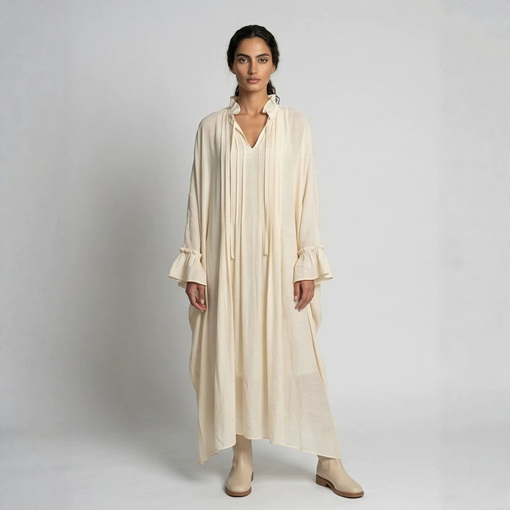 Damen Maxikleid im Kaftan-Stil mit Rüschenkragen, Bindebändern und voluminösen Ärmeln Drune