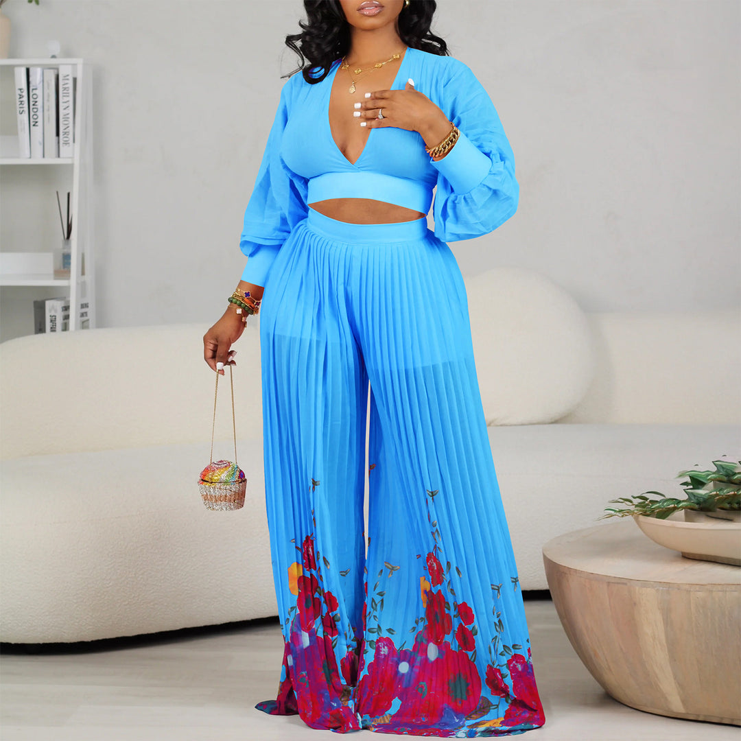 Damen Jumpsuit mit voluminösen Ärmeln und floralem Saum Drune