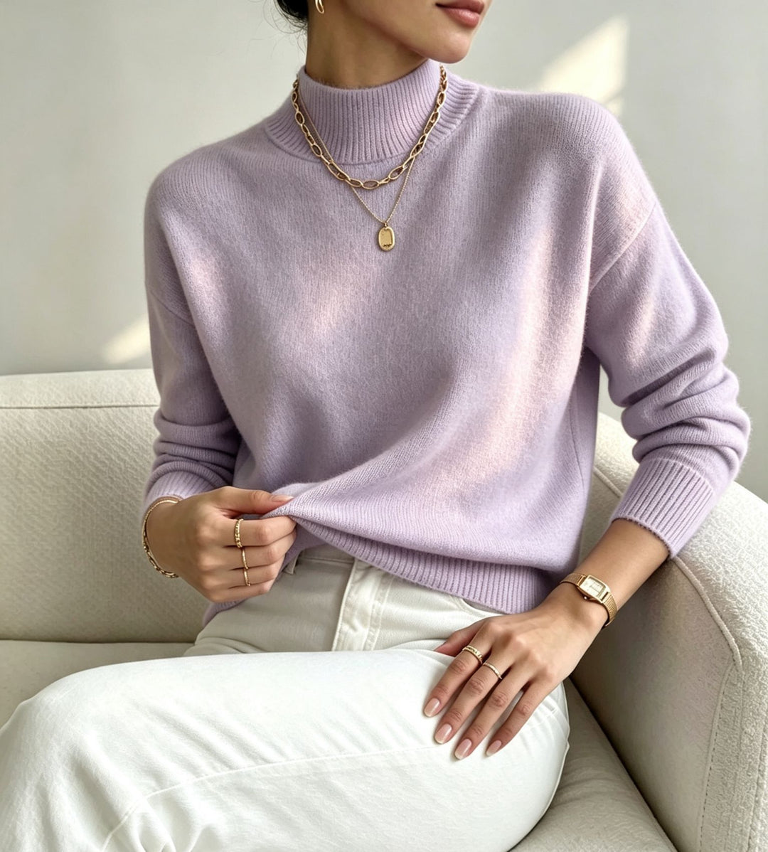 Damen kuscheliger Feinstrickpullover mit Stehkragen und überschnittener Schulter Drune