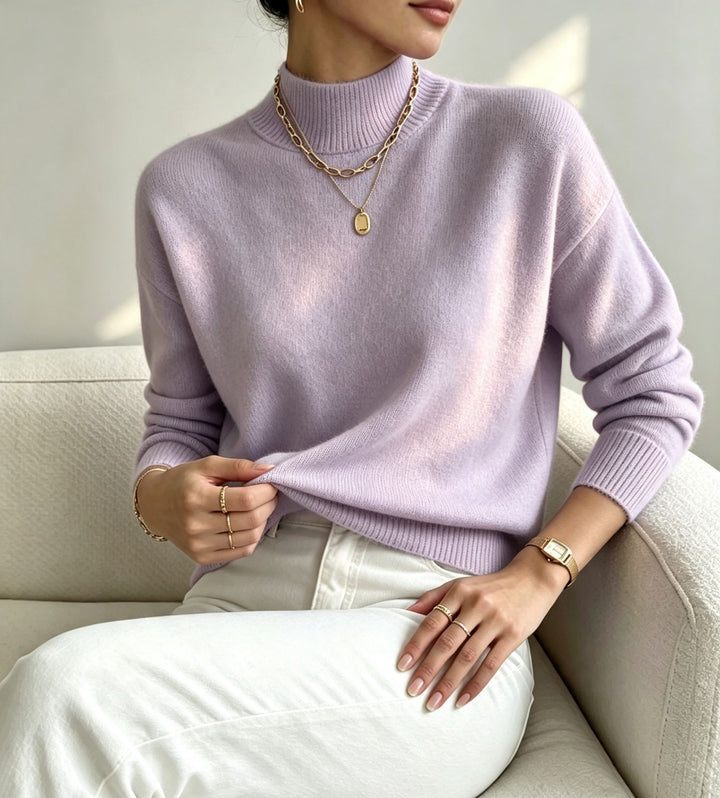 Damen kuscheliger Feinstrickpullover mit Stehkragen und überschnittener Schulter Drune