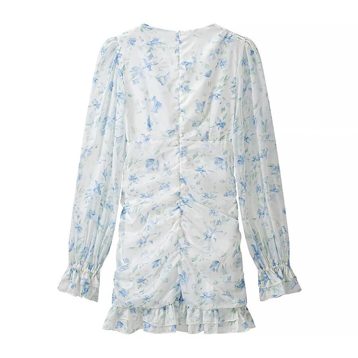 Damen gerafftes Minikleid mit V-Ausschnitt, Rüschen und Blumenapplikation Drune