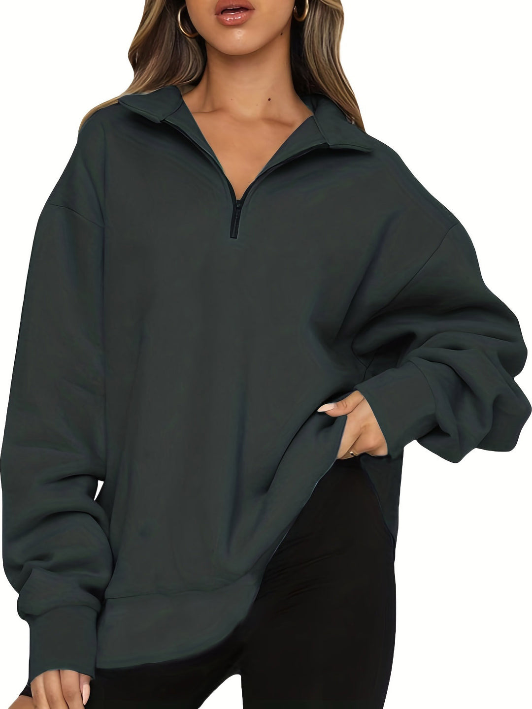 Damen nan Oversized Sweatshirt mit Kurzreißverschluss, Stehkragen und Kängurutasche Drune