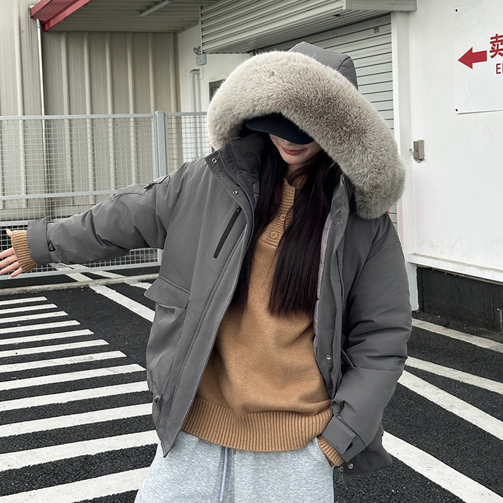 Damen isolierte Pufferjacke mit abnehmbarem Kunstfellkragen und großen Eingrifftaschen Drune